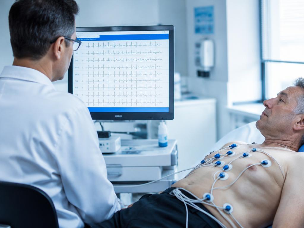 Doctor reviewing an ECG trace on a monitor beside a patient with chest electrodes