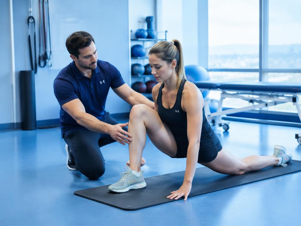 Physiotherapist guiding a player through a hip mobility lunge assessment