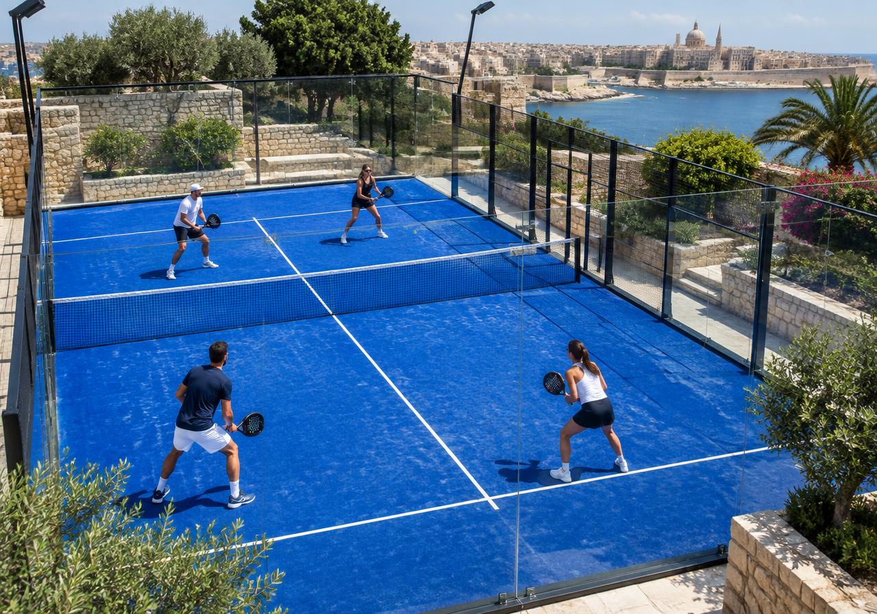 Illustration of doubles padel on a Mediterranean blue court