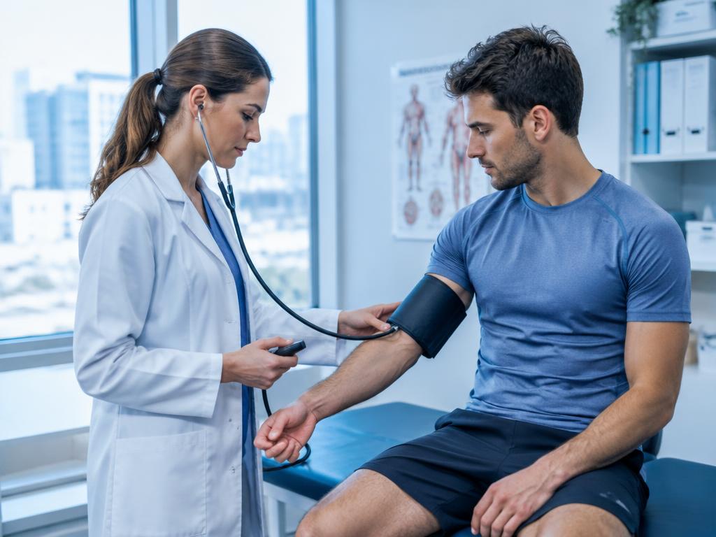 Doctor measuring the blood pressure of an athletic adult in a clinic