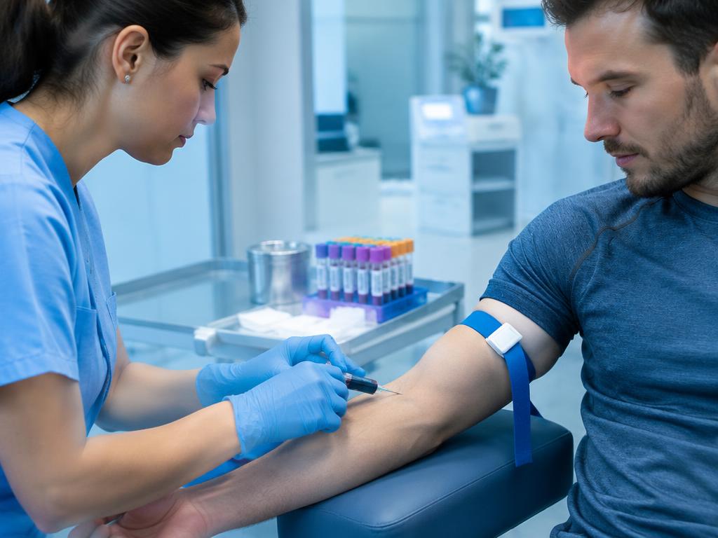 Clinician taking a blood sample from the arm of an athletic adult