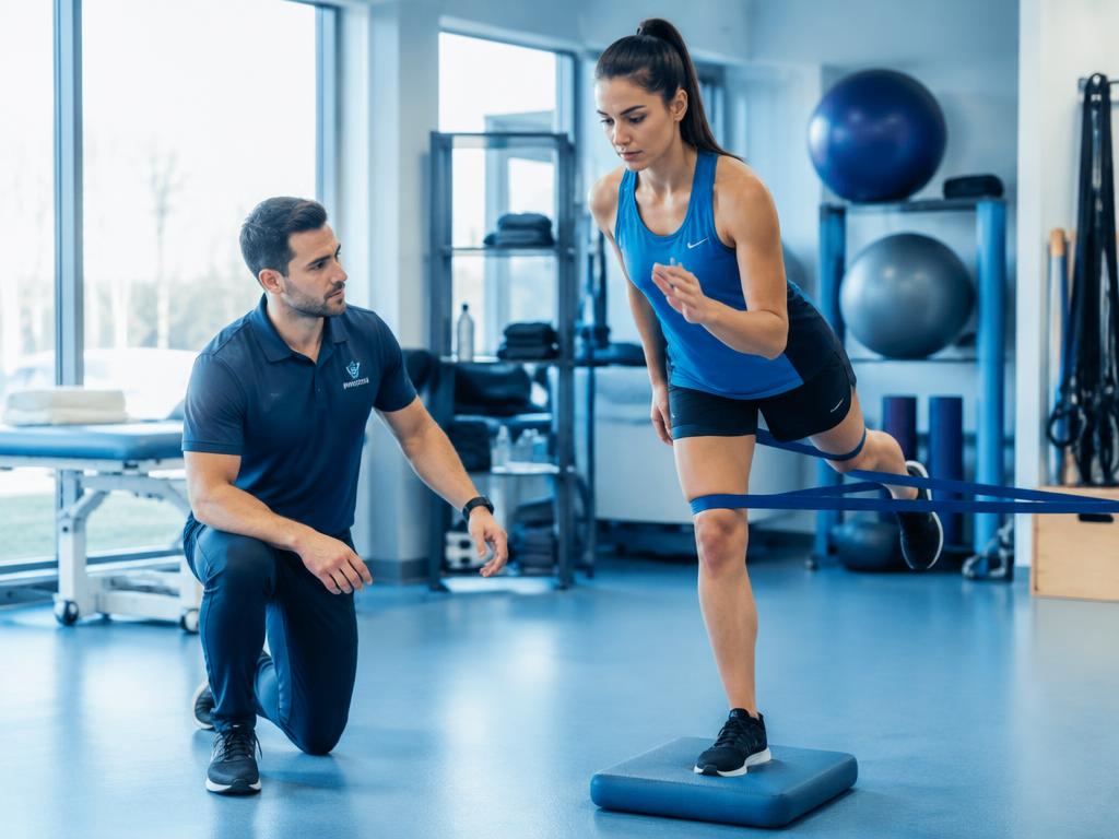 Physiotherapist supervising a single-leg balance rehabilitation exercise