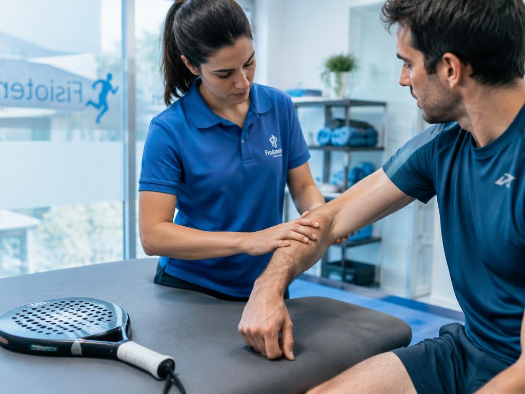 Physiotherapist examining a racket player's forearm and elbow
